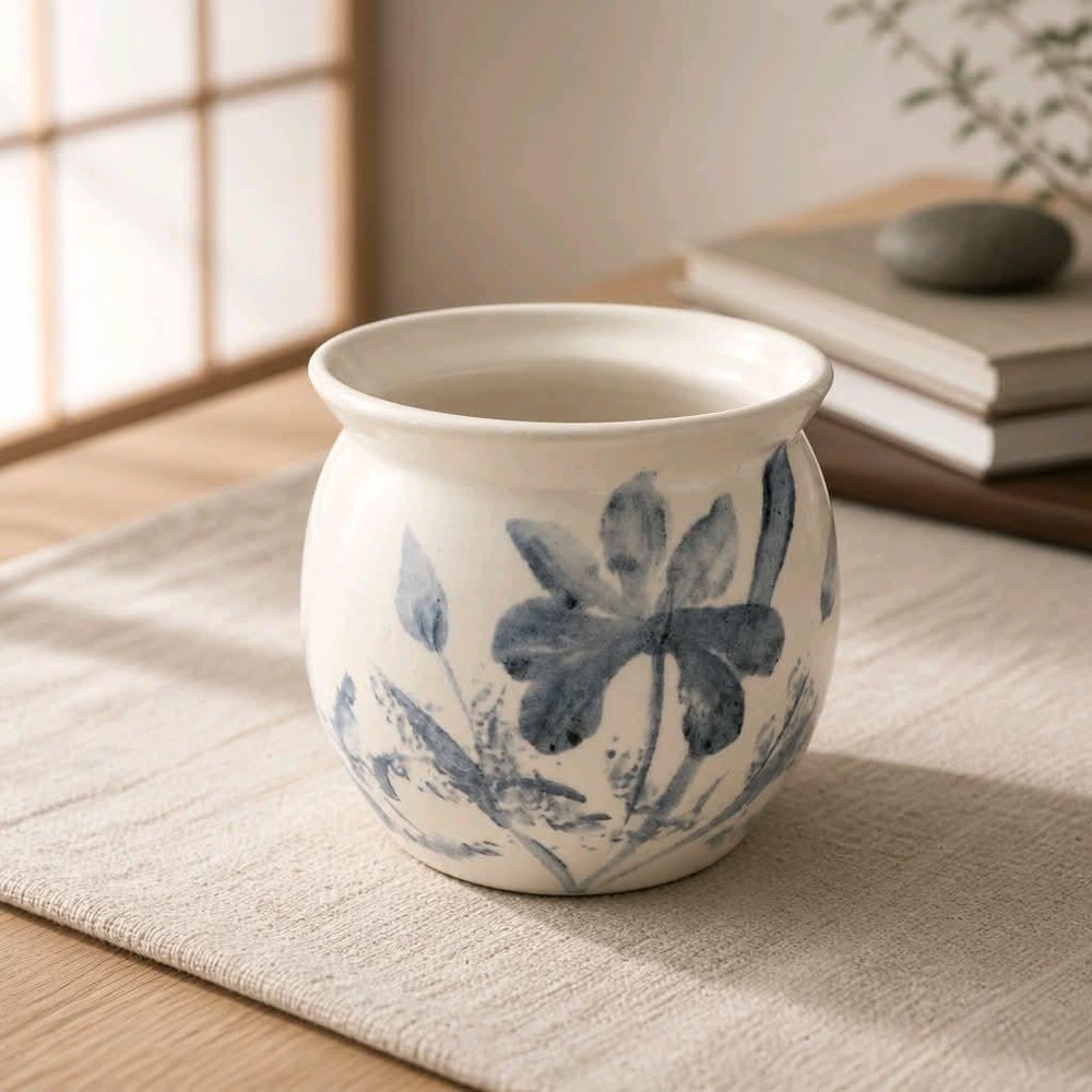 Hand Painted Floral Ceramic Container - Salt Glazed Stoneware